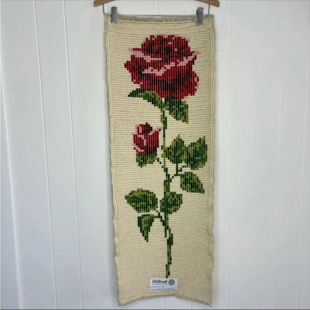 🌹Vintage Shillcraft Rose Weave Handmade Wall Hanging Mid Century Modern Rug Art